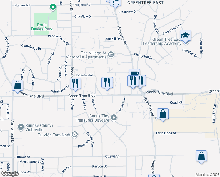 map of restaurants, bars, coffee shops, grocery stores, and more near 16760 Green Tree Boulevard in Victorville