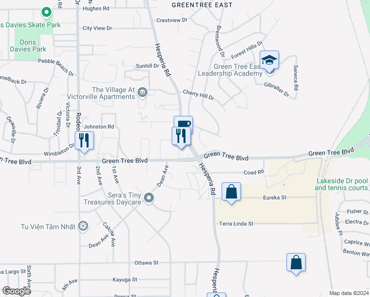 map of restaurants, bars, coffee shops, grocery stores, and more near 13728 Hesperia Road in Victorville