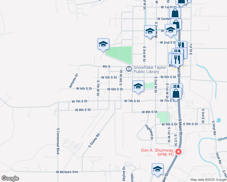 map of restaurants, bars, coffee shops, grocery stores, and more near 542 West 6th Street South in Snowflake