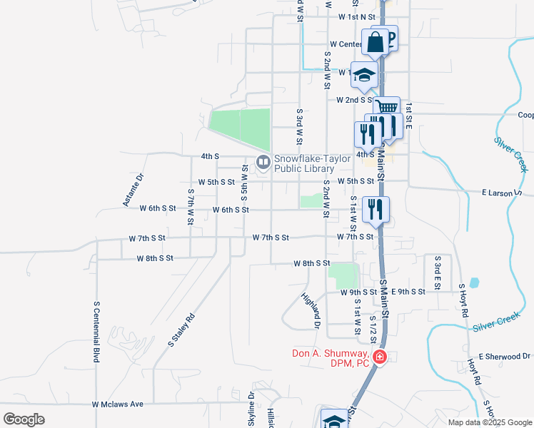 map of restaurants, bars, coffee shops, grocery stores, and more near 582 South 4th Street West in Snowflake