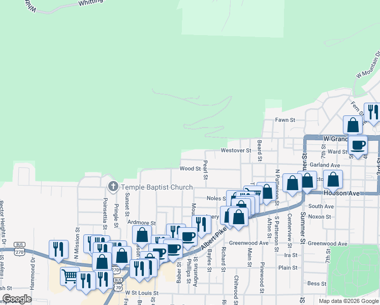 map of restaurants, bars, coffee shops, grocery stores, and more near 106 McCafferty Street in Hot Springs