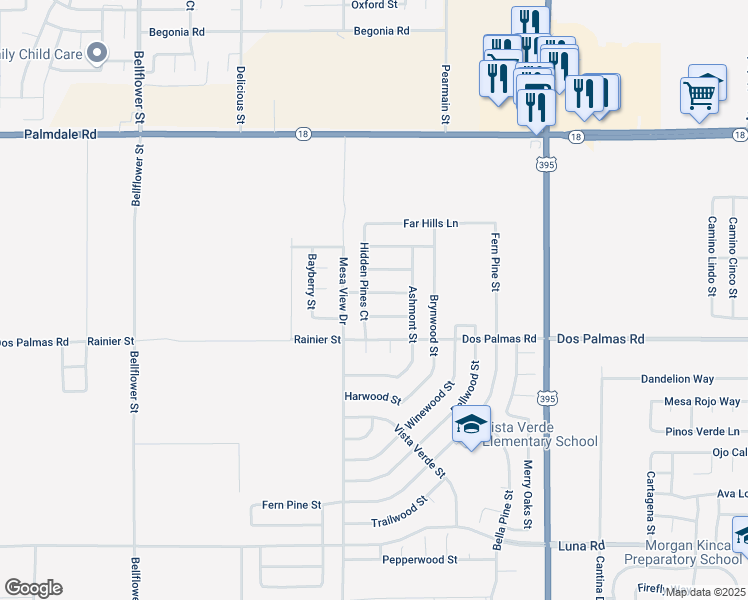 map of restaurants, bars, coffee shops, grocery stores, and more near 11772 Happy Hills Lane in Victorville