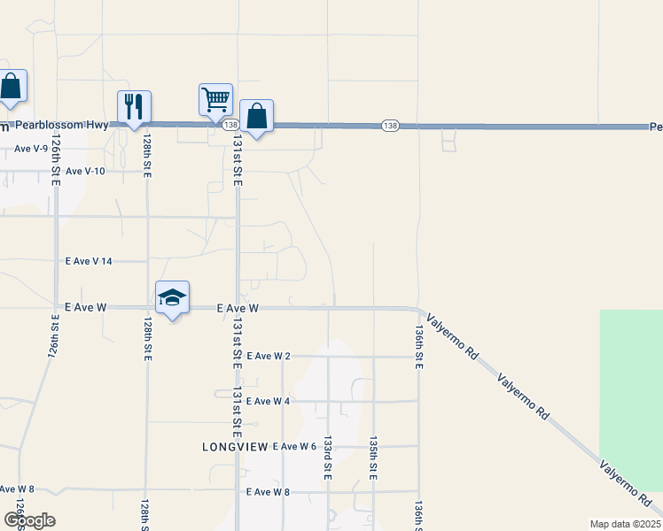 map of restaurants, bars, coffee shops, grocery stores, and more near 133rd Street East in Pearblossom