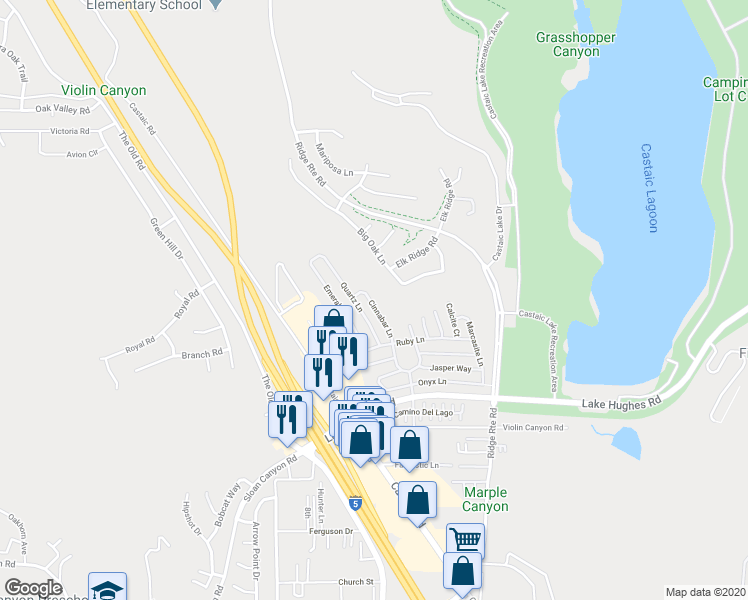 map of restaurants, bars, coffee shops, grocery stores, and more near 32027 Big Oak Lane in Castaic