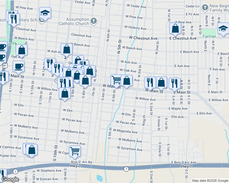 map of restaurants, bars, coffee shops, grocery stores, and more near 5th Street in Duncan