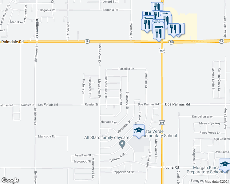 map of restaurants, bars, coffee shops, grocery stores, and more near 11797 Happy Hills Lane in Victorville