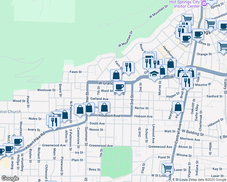 map of restaurants, bars, coffee shops, grocery stores, and more near 504 Ward Street in Hot Springs