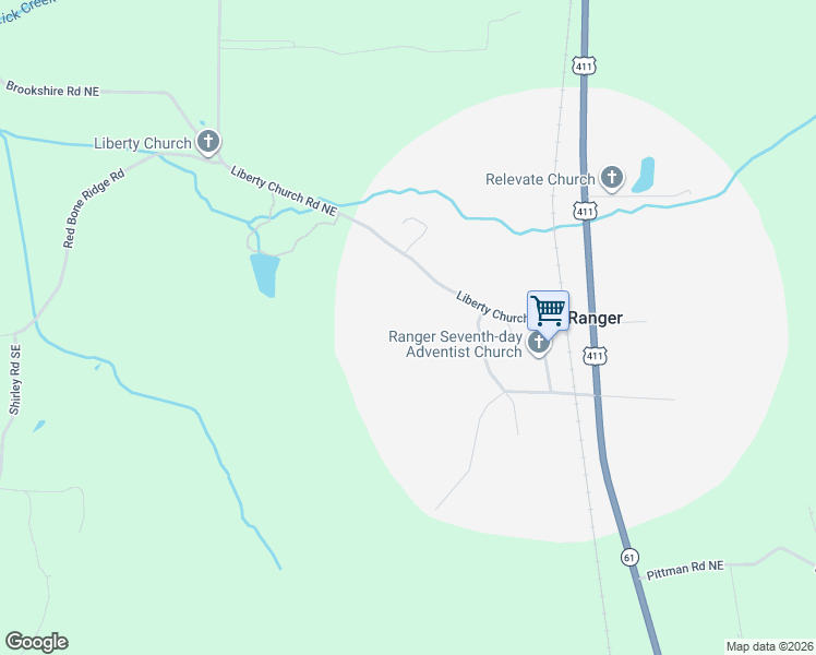 map of restaurants, bars, coffee shops, grocery stores, and more near 113 Horton Street Southeast in Ranger