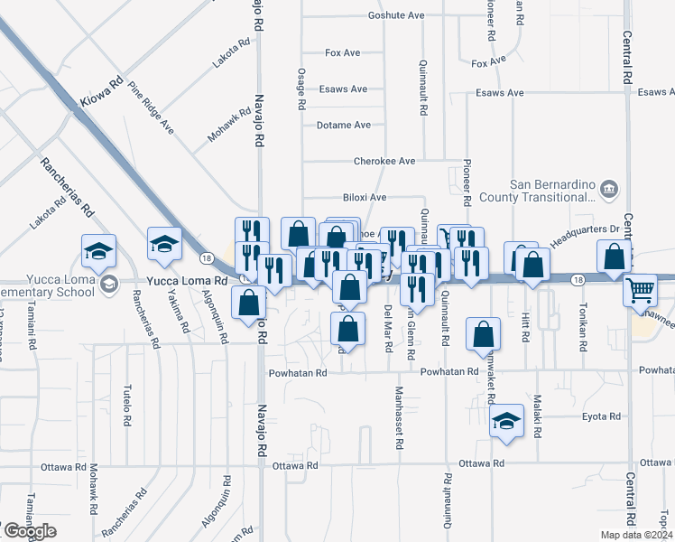 map of restaurants, bars, coffee shops, grocery stores, and more near California 18 in Apple Valley