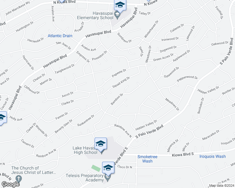 map of restaurants, bars, coffee shops, grocery stores, and more near 2765 Bamboo Drive in Lake Havasu City