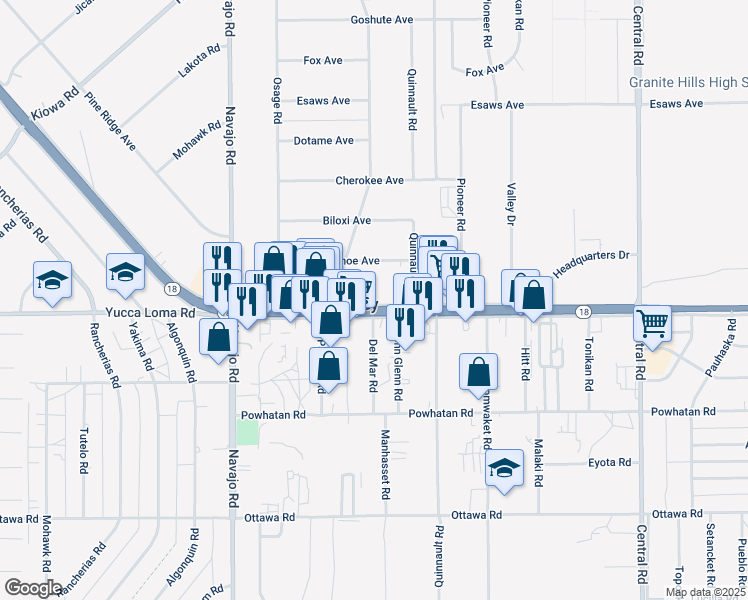 map of restaurants, bars, coffee shops, grocery stores, and more near 21986 California 18 in Apple Valley