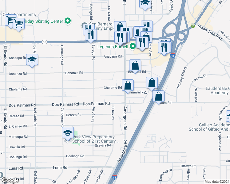map of restaurants, bars, coffee shops, grocery stores, and more near 15235 Cholame Road in Victorville