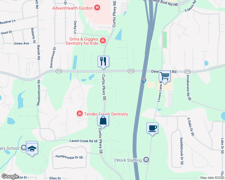 map of restaurants, bars, coffee shops, grocery stores, and more near 147 Dogwood Drive Southeast in Calhoun