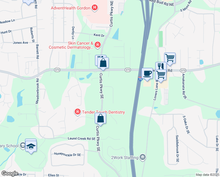 map of restaurants, bars, coffee shops, grocery stores, and more near 147 Dogwood Drive Southeast in Calhoun