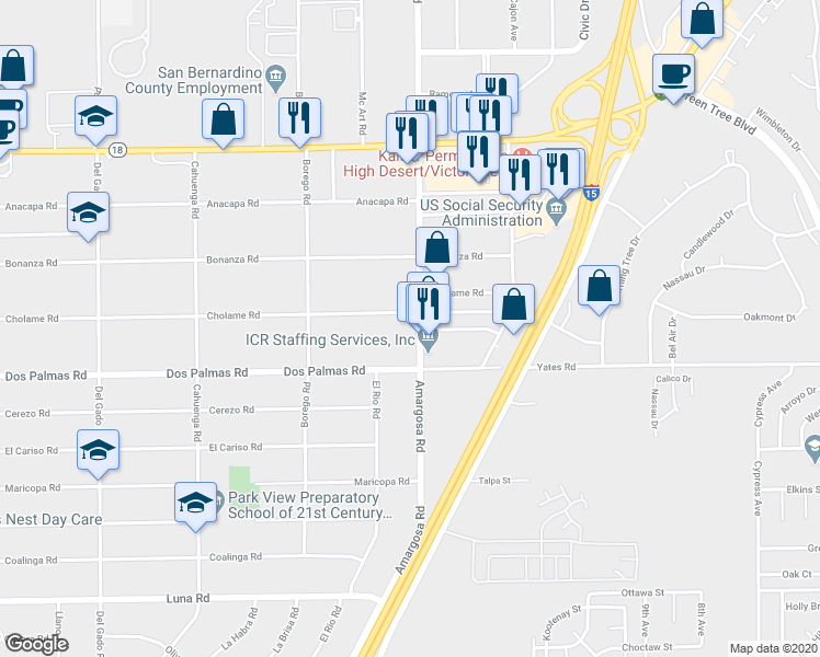 map of restaurants, bars, coffee shops, grocery stores, and more near 15283 Cholame Road in Victorville
