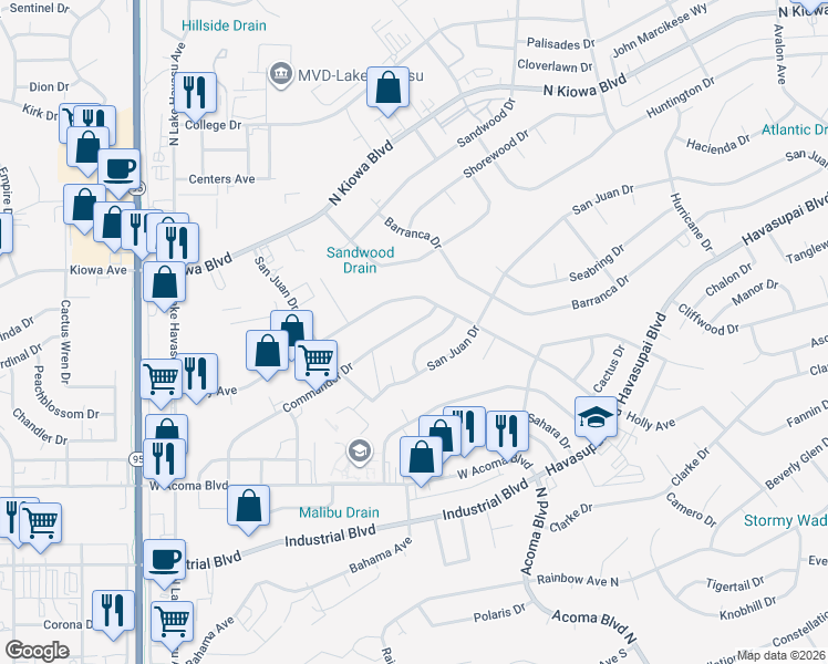 map of restaurants, bars, coffee shops, grocery stores, and more near 2111 Commander Drive in Lake Havasu City