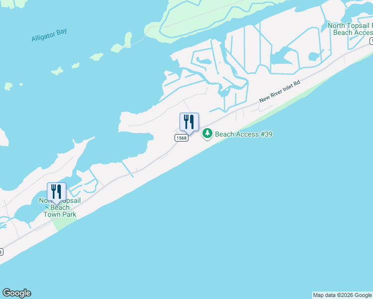 map of restaurants, bars, coffee shops, grocery stores, and more near 774 New River Inlet Road in North Topsail Beach
