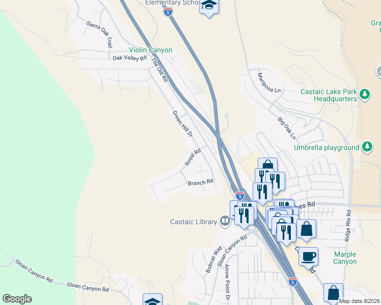 map of restaurants, bars, coffee shops, grocery stores, and more near 28141 Royal Road in Castaic