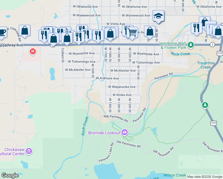 map of restaurants, bars, coffee shops, grocery stores, and more near 400 West 13th Street in Sulphur