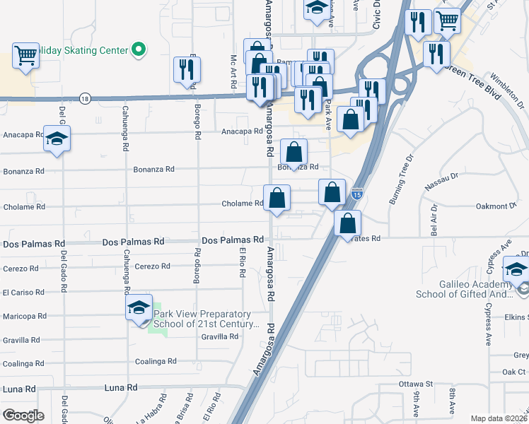 map of restaurants, bars, coffee shops, grocery stores, and more near 15283 Cholame Road in Victorville