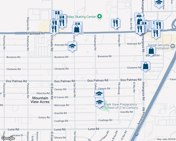 map of restaurants, bars, coffee shops, grocery stores, and more near 14825 Cholame Road in Victorville