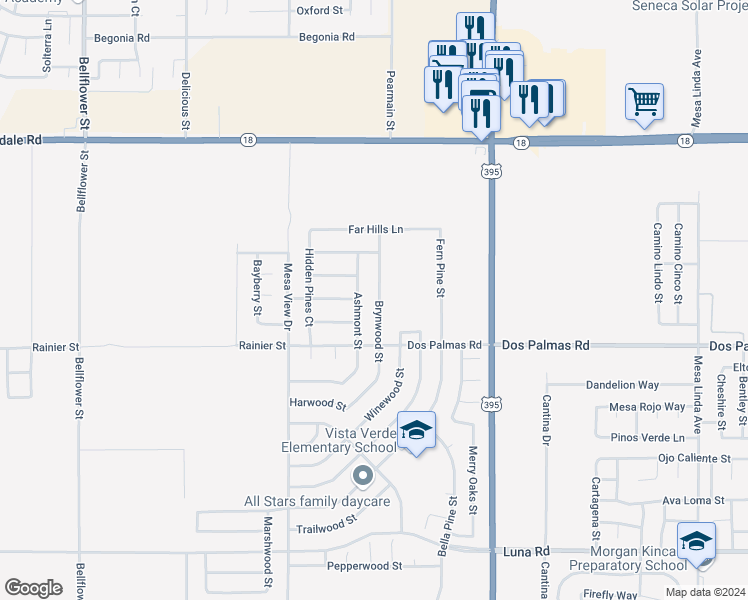 map of restaurants, bars, coffee shops, grocery stores, and more near 13784 Brynwood Street in Victorville