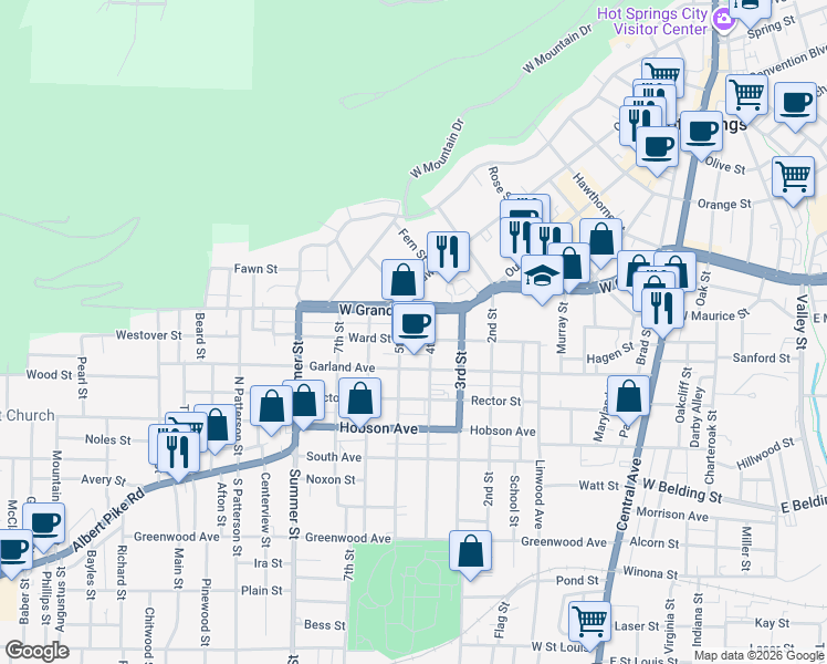 map of restaurants, bars, coffee shops, grocery stores, and more near 809 West Grand Avenue in Hot Springs