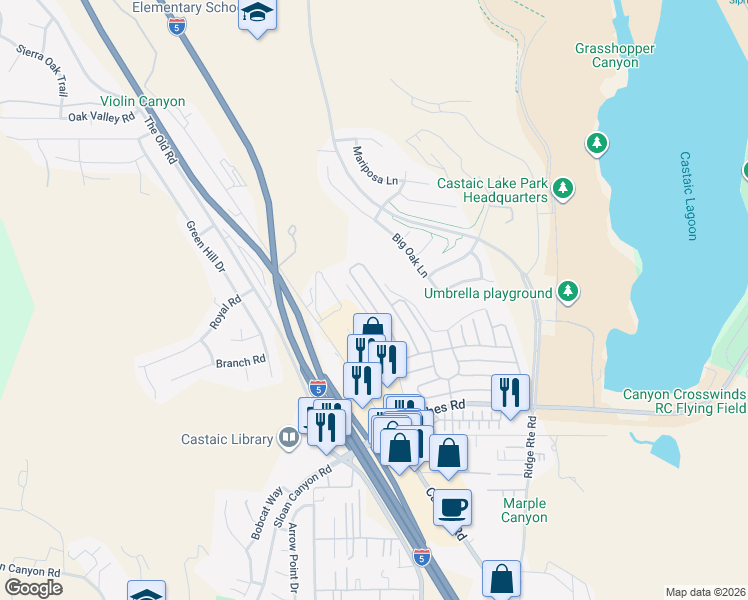 map of restaurants, bars, coffee shops, grocery stores, and more near 32005 Quartz Lane in Castaic