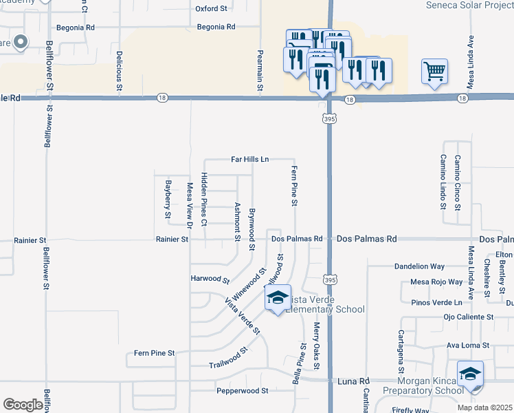 map of restaurants, bars, coffee shops, grocery stores, and more near 13785 Brynwood Street in Victorville