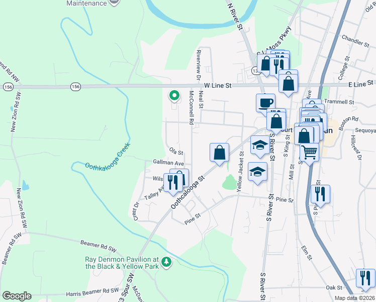map of restaurants, bars, coffee shops, grocery stores, and more near 230 McConnell Road in Calhoun