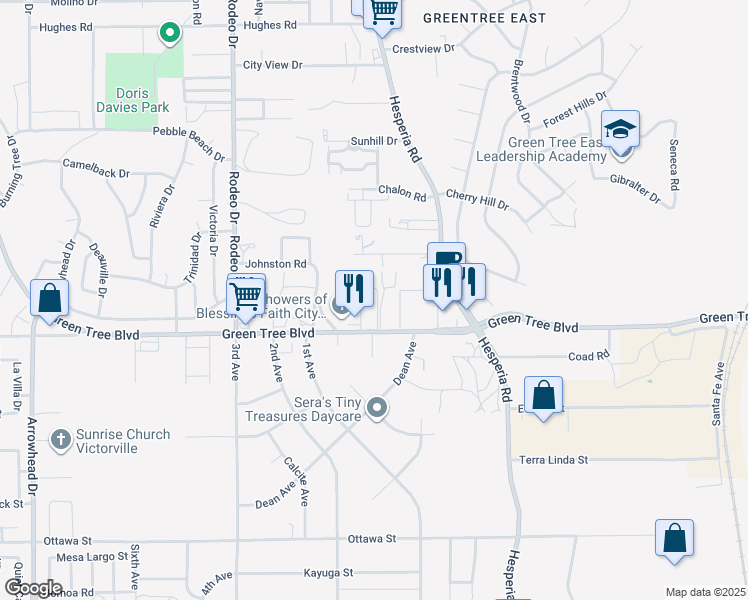 map of restaurants, bars, coffee shops, grocery stores, and more near 16780 Green Tree Boulevard in Victorville
