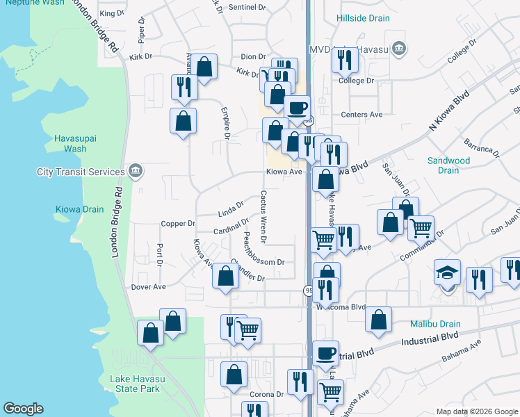 map of restaurants, bars, coffee shops, grocery stores, and more near 1680 Linda Dr in Lake Havasu City