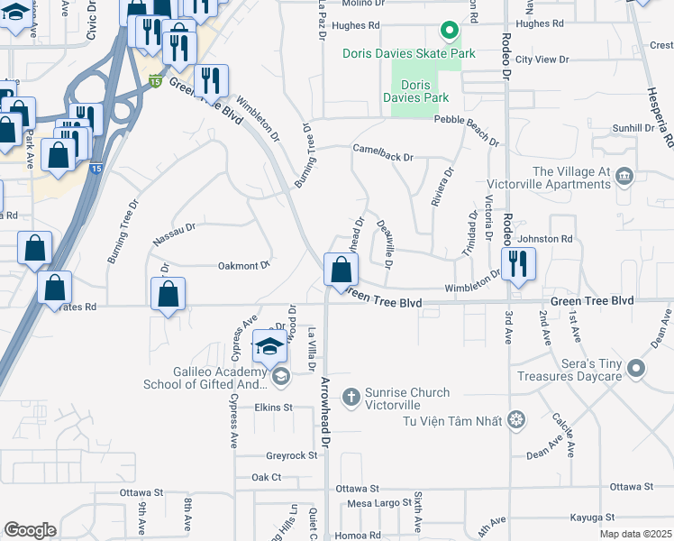 map of restaurants, bars, coffee shops, grocery stores, and more near Wimbleton Drive in Victorville