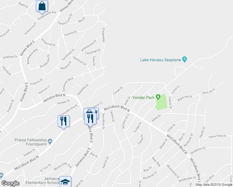 map of restaurants, bars, coffee shops, grocery stores, and more near 3742 Comet Drive in Lake Havasu City