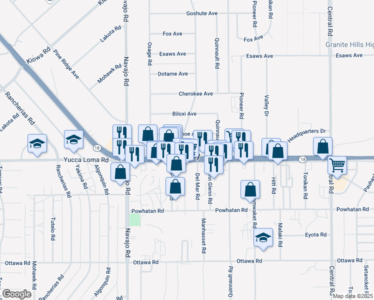 map of restaurants, bars, coffee shops, grocery stores, and more near 21986 California 18 in Apple Valley