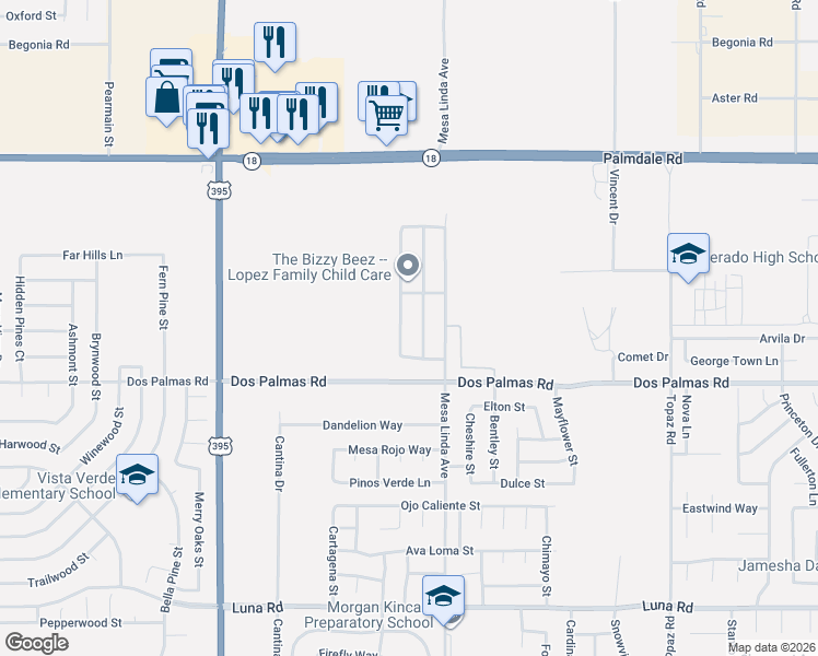 map of restaurants, bars, coffee shops, grocery stores, and more near 13814 Camino Cinco in Victorville
