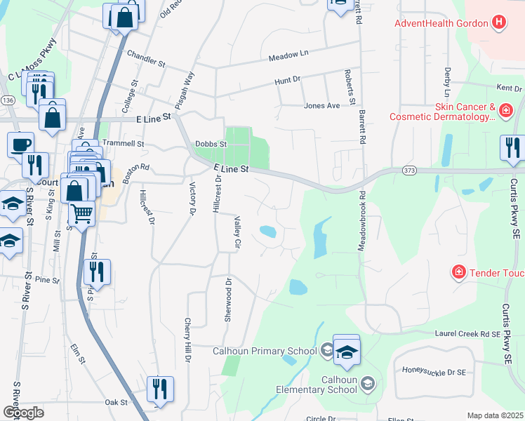 map of restaurants, bars, coffee shops, grocery stores, and more near 170 Wexford Drive Northeast in Calhoun
