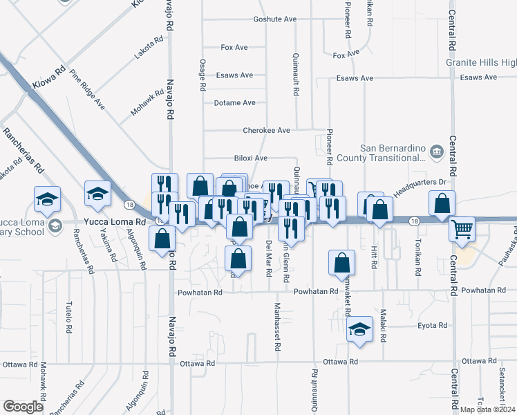 map of restaurants, bars, coffee shops, grocery stores, and more near California 18 in Apple Valley