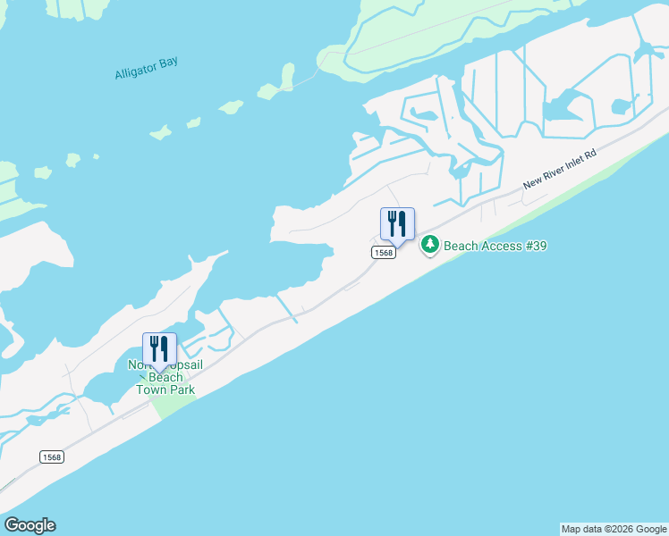 map of restaurants, bars, coffee shops, grocery stores, and more near 739 New River Inlet Road in North Topsail Beach