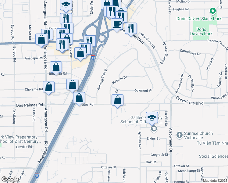 map of restaurants, bars, coffee shops, grocery stores, and more near 13796 Bel Air Drive in Victorville