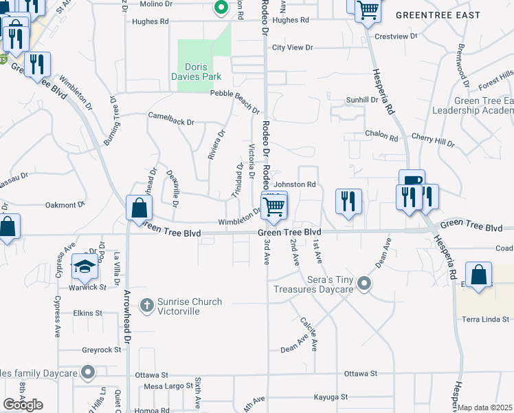 map of restaurants, bars, coffee shops, grocery stores, and more near 13777 Victoria Drive in Victorville