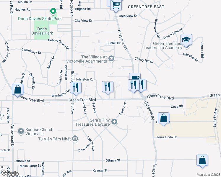map of restaurants, bars, coffee shops, grocery stores, and more near 16770 Green Tree Boulevard in Victorville
