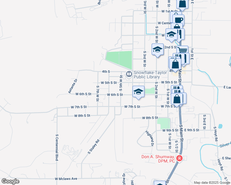map of restaurants, bars, coffee shops, grocery stores, and more near 542 West 6th South Street in Snowflake