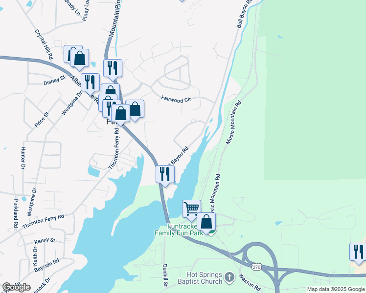 map of restaurants, bars, coffee shops, grocery stores, and more near 102 Sequoyah Loop in Hot Springs