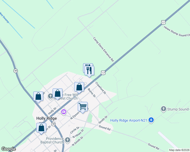 map of restaurants, bars, coffee shops, grocery stores, and more near 511 U.S. 17 in Holly Ridge