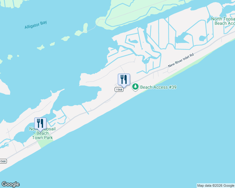 map of restaurants, bars, coffee shops, grocery stores, and more near 770 New River Inlet Road in North Topsail Beach