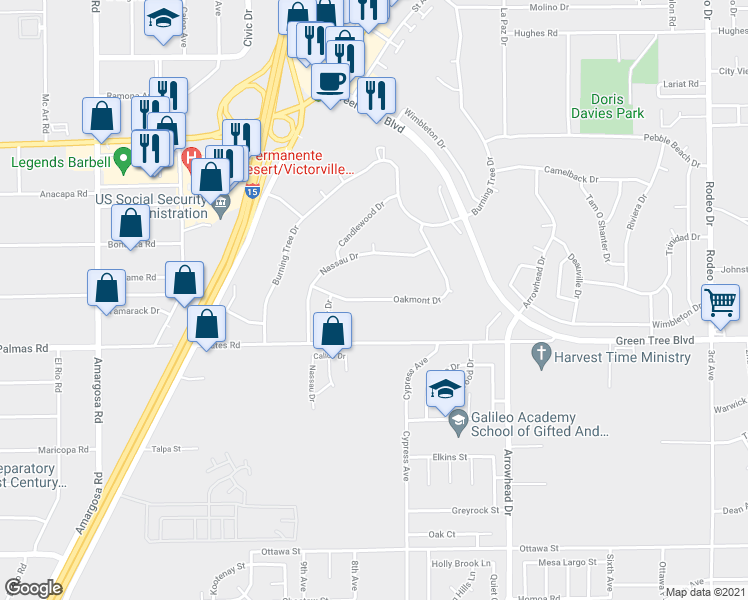 map of restaurants, bars, coffee shops, grocery stores, and more near Oakmont Drive in Victorville