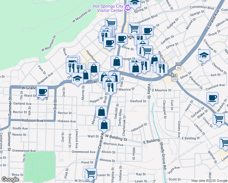 map of restaurants, bars, coffee shops, grocery stores, and more near 1303 Central Avenue in Hot Springs