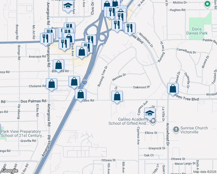 map of restaurants, bars, coffee shops, grocery stores, and more near 13775 Nassau Drive in Victorville