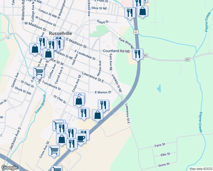 map of restaurants, bars, coffee shops, grocery stores, and more near 722-798 Lawrence Street East in Russellville